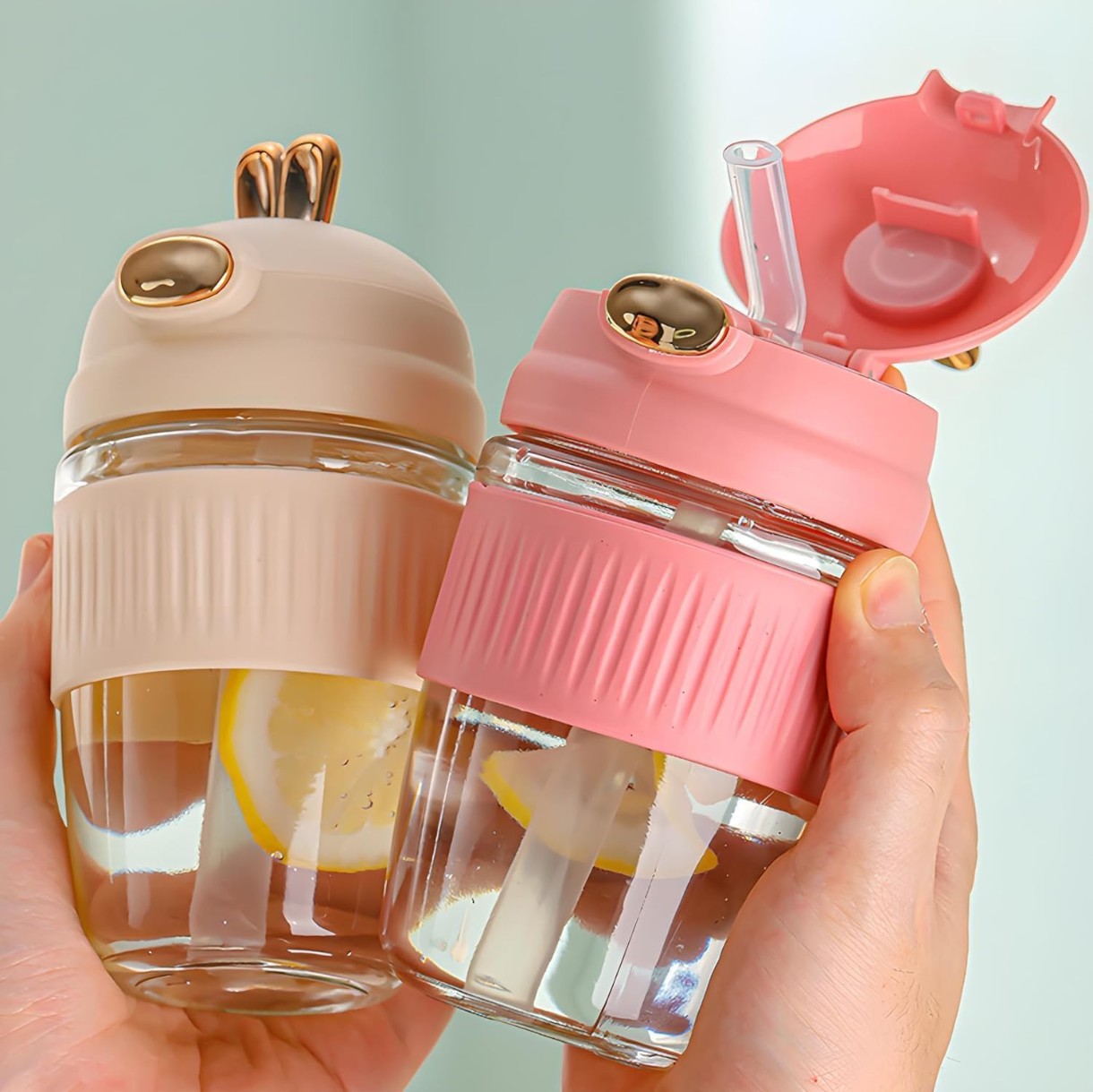 Rabbit Glass Mug with Lid & straw