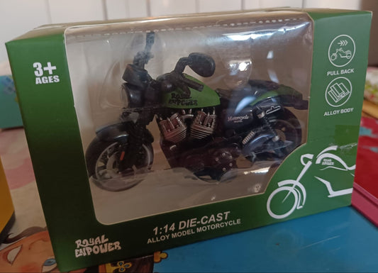 Toy motorcycle in packaging with green and white design