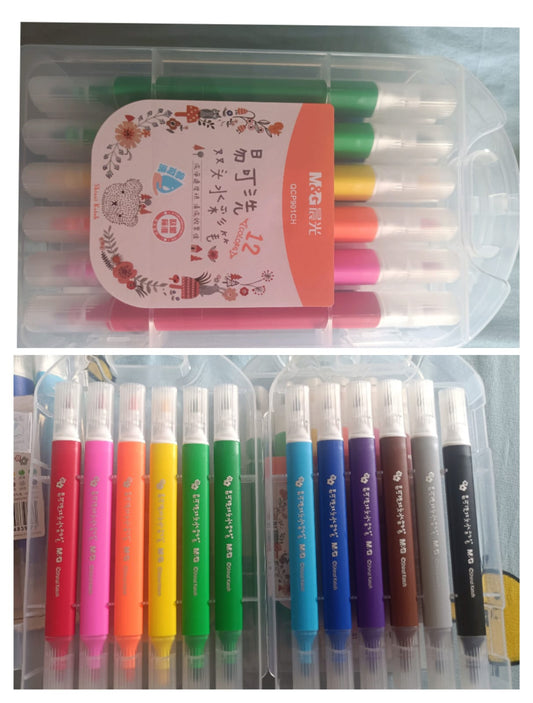 Set of colorful markers in a clear plastic case with a visible brand label.