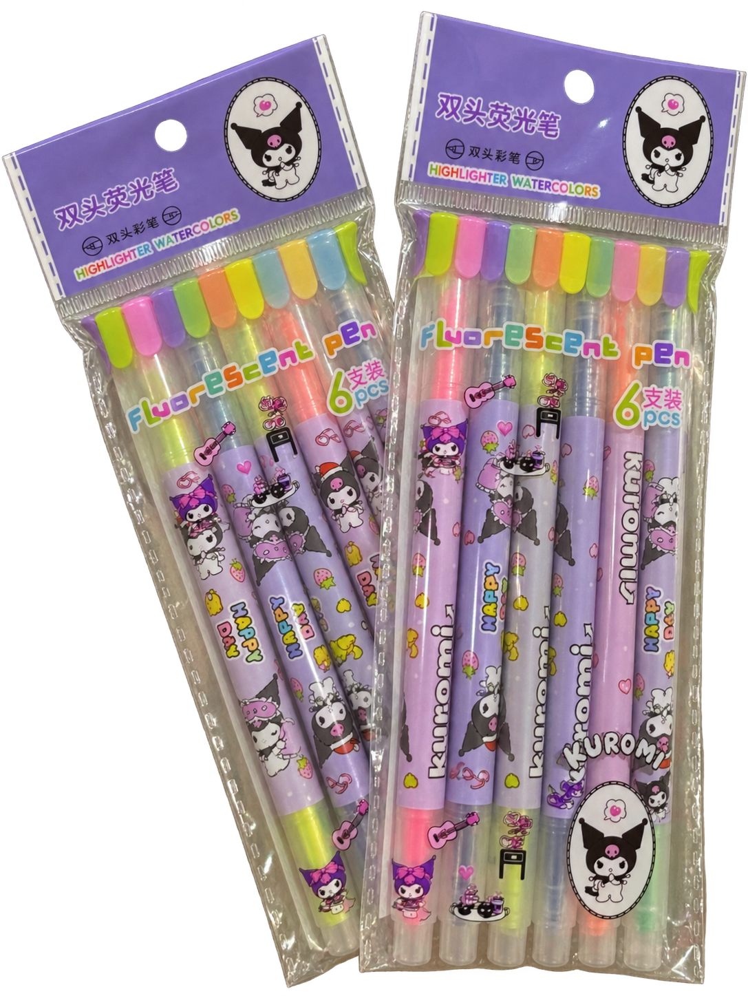 Kuromi Dual-Tip Highlighter Pens – Set of 6 | Cute Fluorescent Colour Markers