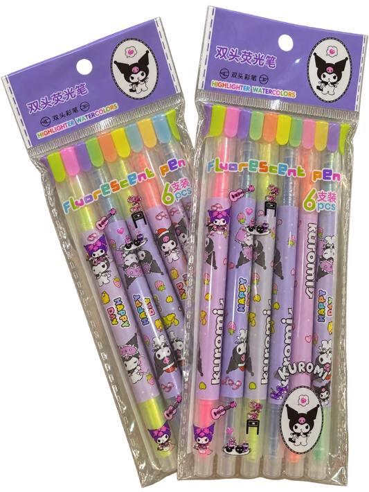 Kuromi Dual-Tip Highlighter Pens – Set of 6 | Cute Fluorescent Colour Markers