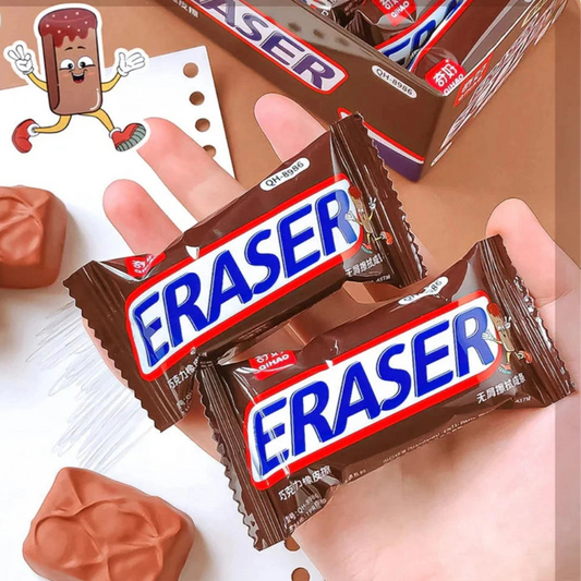 Chocolate bars labeled 'Eraser' with a small eraser on top, held by a hand.