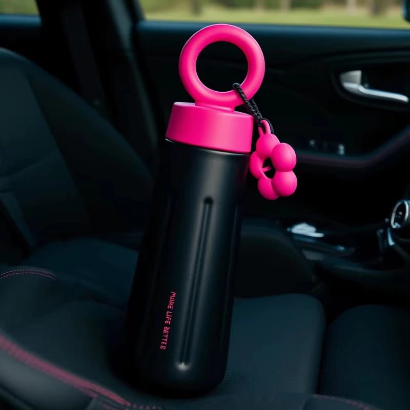 Stainless Steel Water Bottle With Leak-Proof Lid and Flower Keychain|450ML (Black)