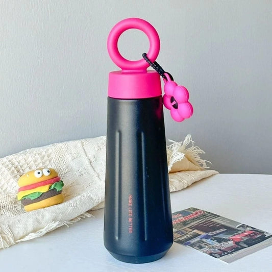 Stainless Steel Water Bottle With Leak-Proof Lid and Flower Keychain|450ML (Black)