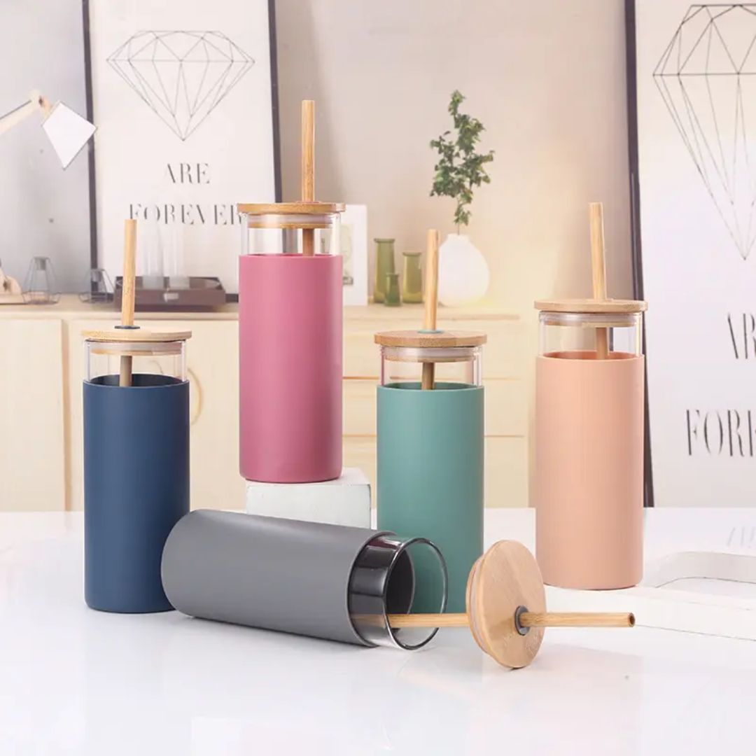 Glass Tumbler with Bamboo Straw and  Lid