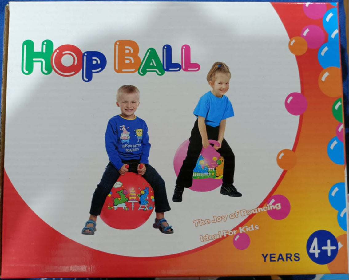 Box of a hop ball with two children on it, featuring colorful text and graphics.