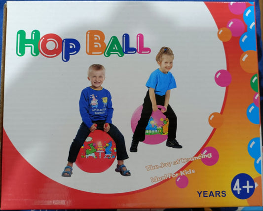 Box of a hop ball with two children on it, featuring colorful text and graphics.