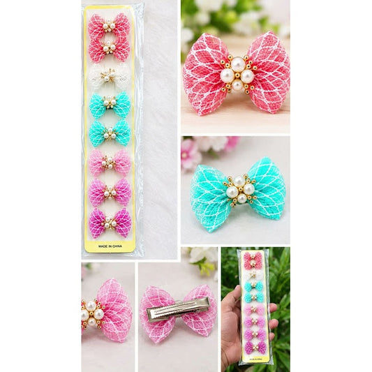 Pearl Embellished Mesh Bow Hair Clips